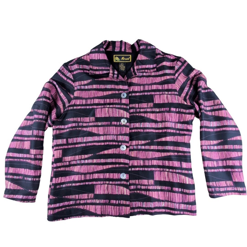 100% Silk Red And‎ Black Stripe Blouse Mother Of Pearl Buttons Small Mirasol